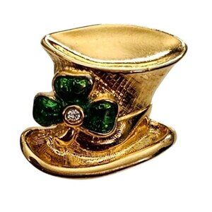 Avon Lucky Irish Pin Green Enamel Clover Clear Rhinestone Hat Lapel Signed, L875